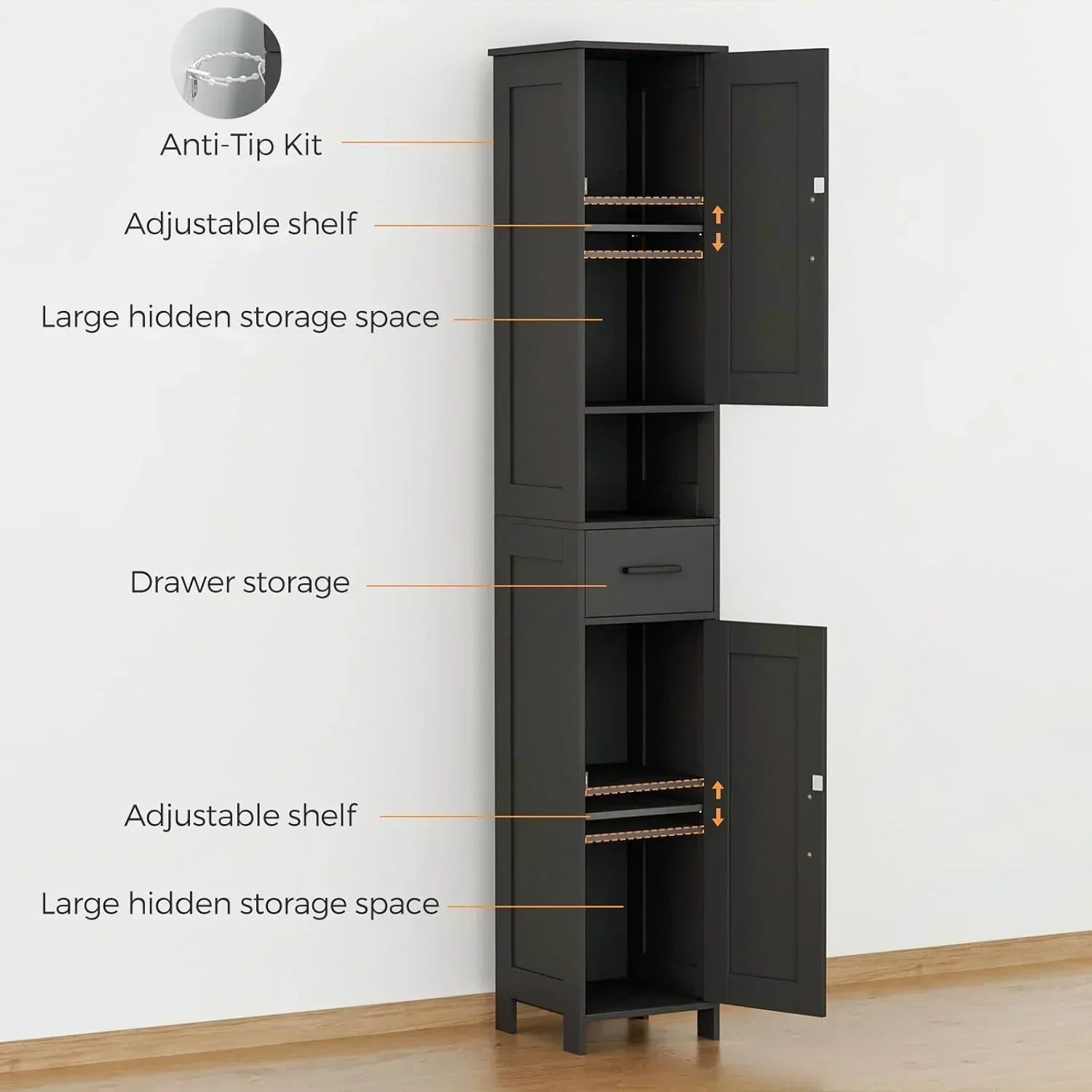 Homhedy 67" H Tall Bathroom Storage Cabinet with 2 Barn Doors and 1 Drawer Narrow Storage Unit