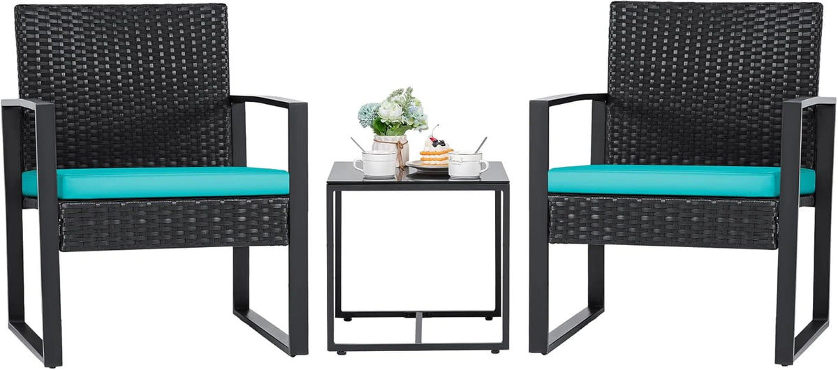 Flamaker 3 Pieces Outdoor Patio Wicker Furniture Set, Modern Rattan Chair Conversation Sets with Coffee Table for Yard and Bistro (Black)
