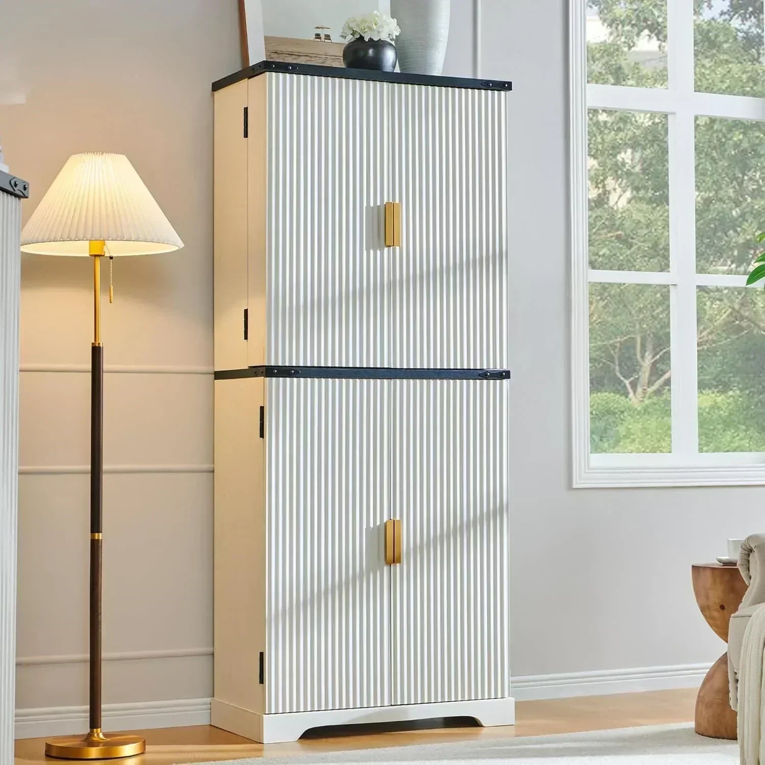 Fluted Pantry Cabinet 72" Tall Modern Storage Cabinet with 4 Doors Organizer Drawer