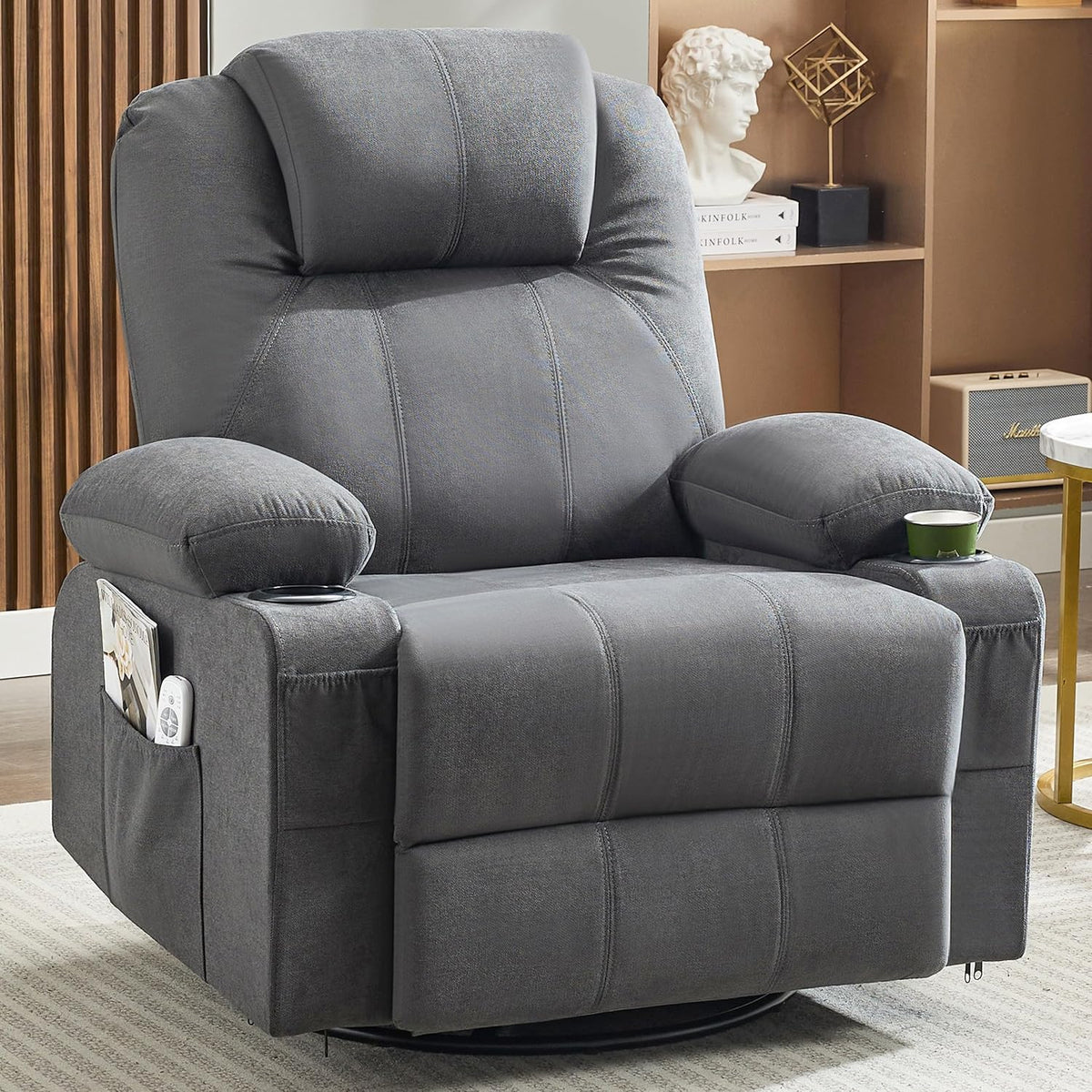 Large Swivel Rocking Recliner with Heating and Massage Function, 360 Degree Swivel Rocking Single Sofa