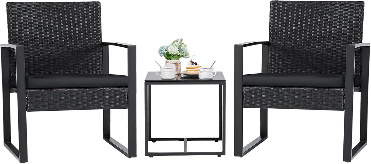 Flamaker 3 Pieces Outdoor Patio Wicker Furniture Set, Modern Rattan Chair Conversation Sets with Coffee Table for Yard and Bistro (Black)