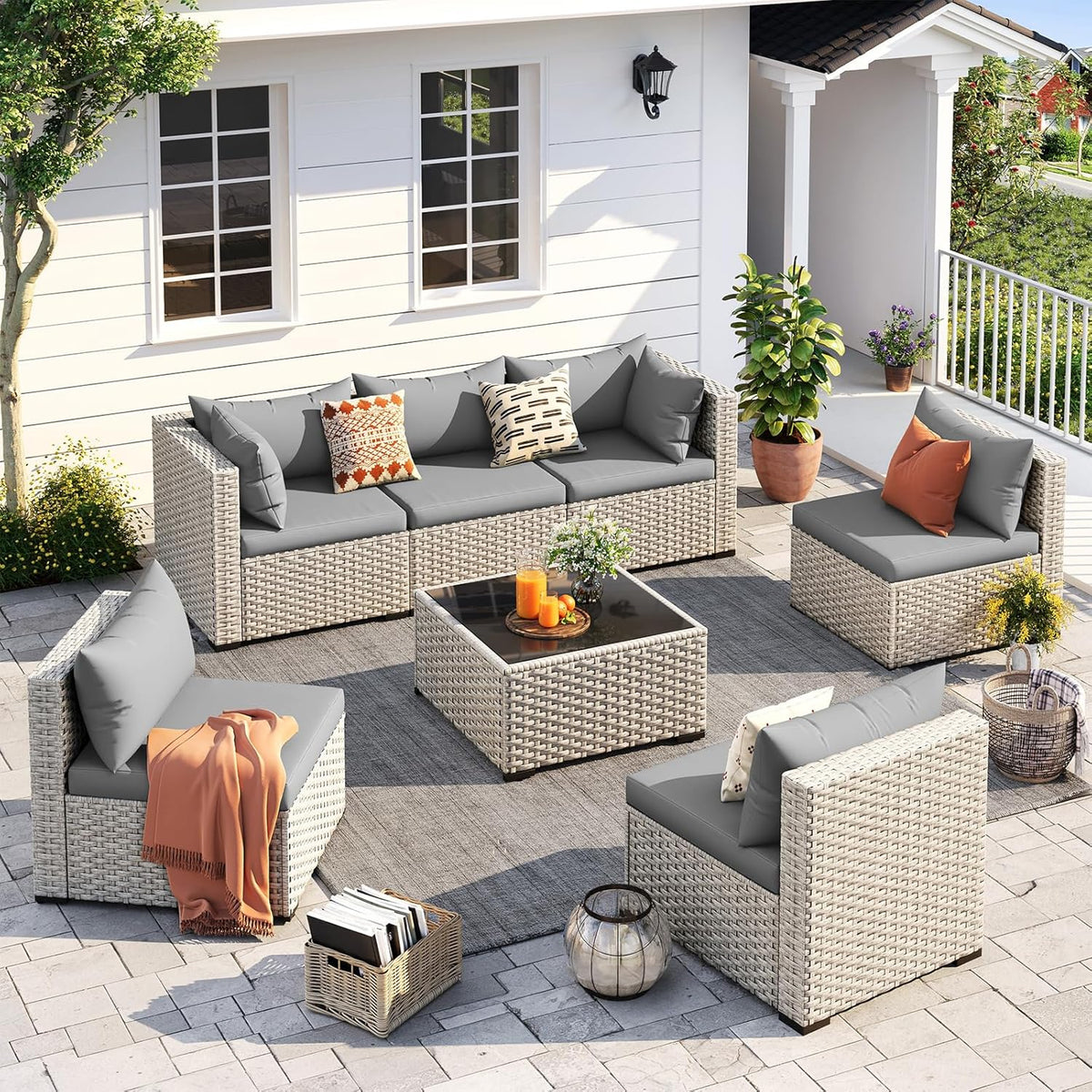 UDPATIO Outdoor Patio Furniture Set, 7-Piece PE Wicker Sectional Sofa with Tea Table, Outdoor Conversation Set for Patio, Garden, Backyard Green
