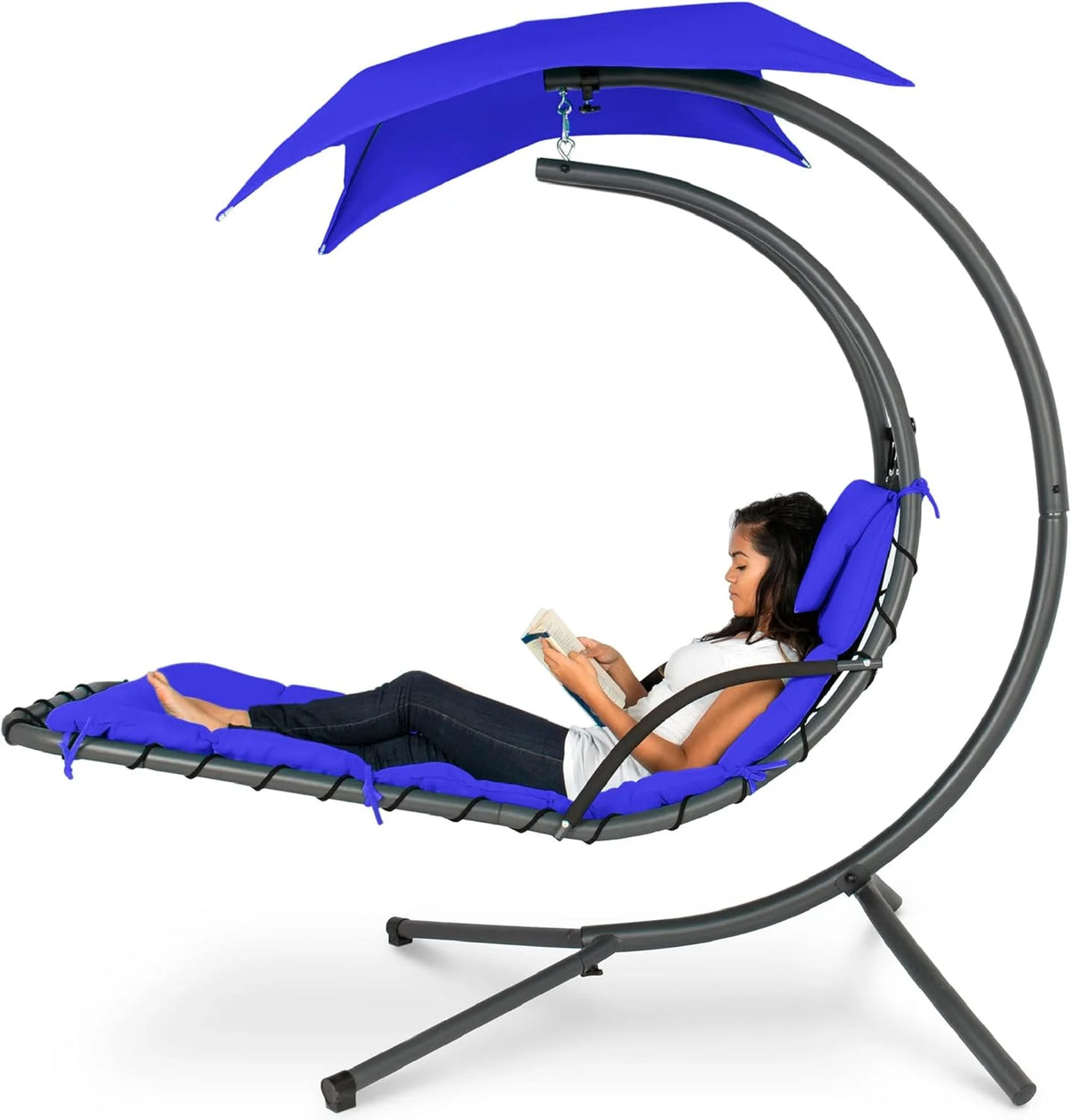 Best Choice Products Outdoor Hanging Curved Steel Chaise Lounge Chair Swing w/Built-in Pillow and Removable Canopy - Teal