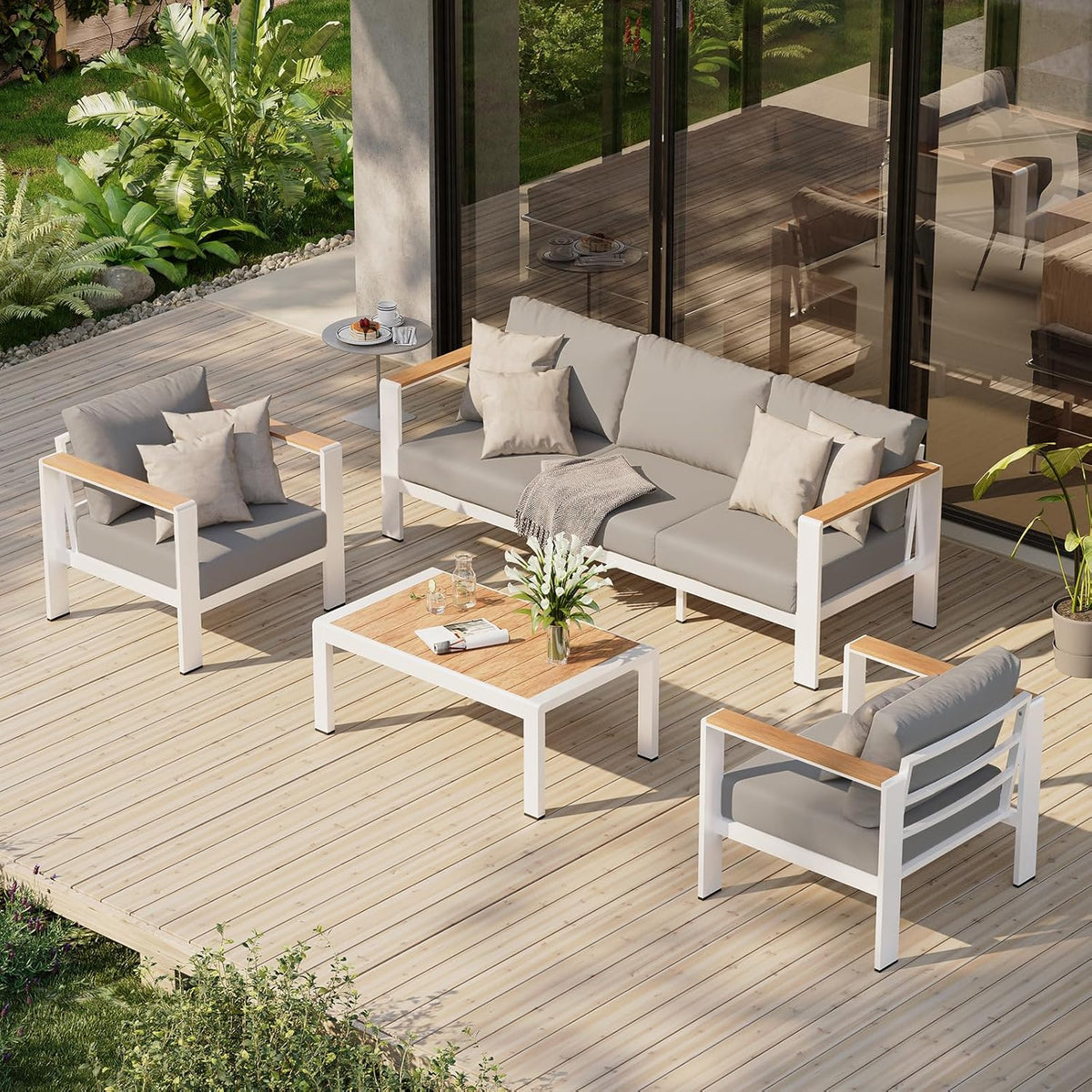Aluminum Outdoor Patio Furniture Set with Coffee Table, 5 Piece Patio Conversation Sets, Outdoor Sectional Furniture for Porch, Balcony, Yard, Gray