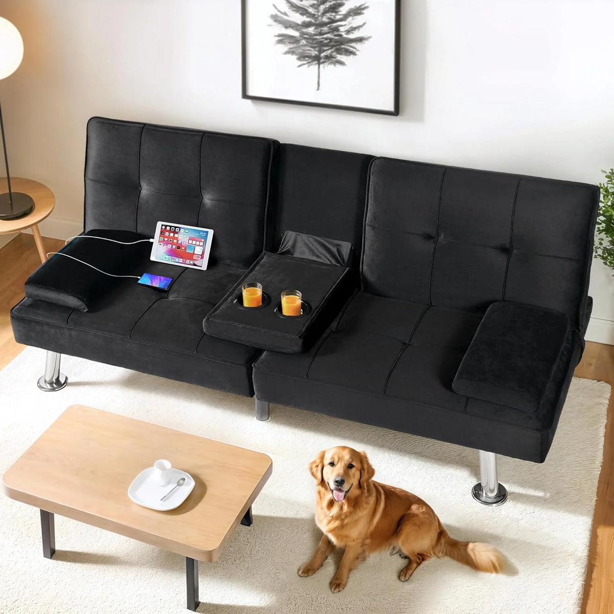 FLEXISPOT Futon Sofa Bed with USB Type-C Charging Port, Convertible Sleeper Couch with Adjustable Backrest
