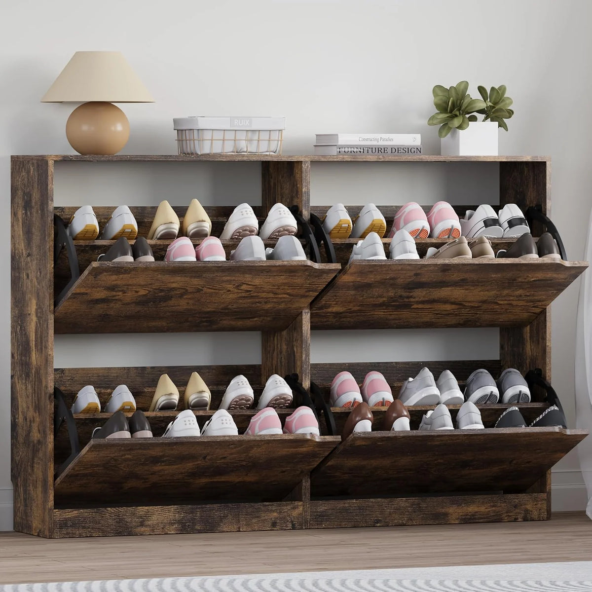 Shoe Cabinet with 3 Flip Drawers, Hidden Wood Shoe Cabinet,Freestanding Shoe Storage Cabinet