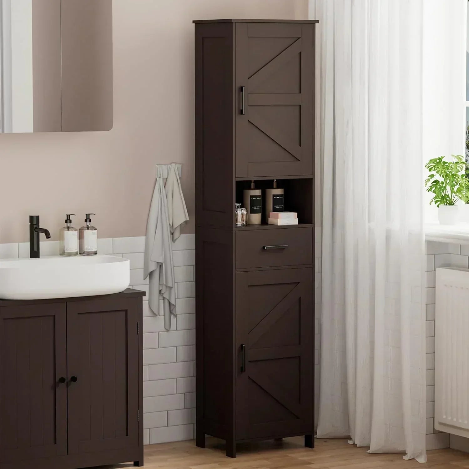 Homhedy 67" H Tall Bathroom Storage Cabinet with 2 Barn Doors and 1 Drawer Narrow Storage Unit