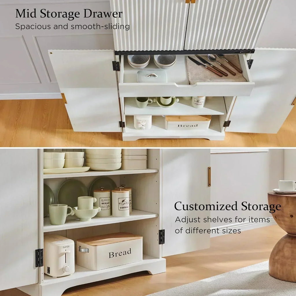 Fluted Pantry Cabinet 72" Tall Modern Storage Cabinet with 4 Doors Organizer Drawer