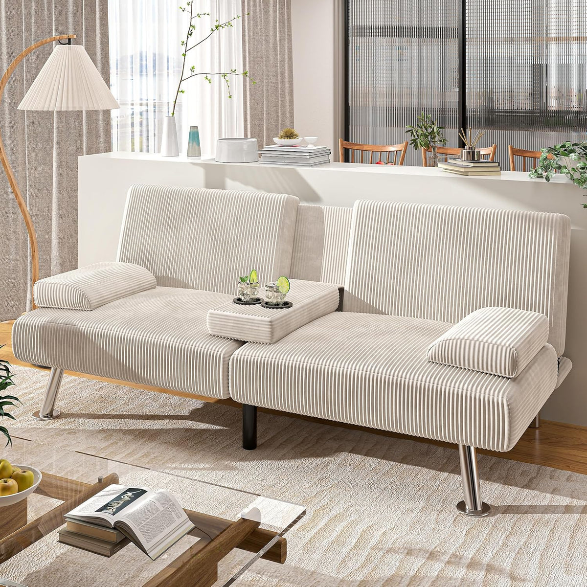 Shahoo Modern Linen Upholstered Convertible Folding Futon Sofa Bed with Removable Armrests