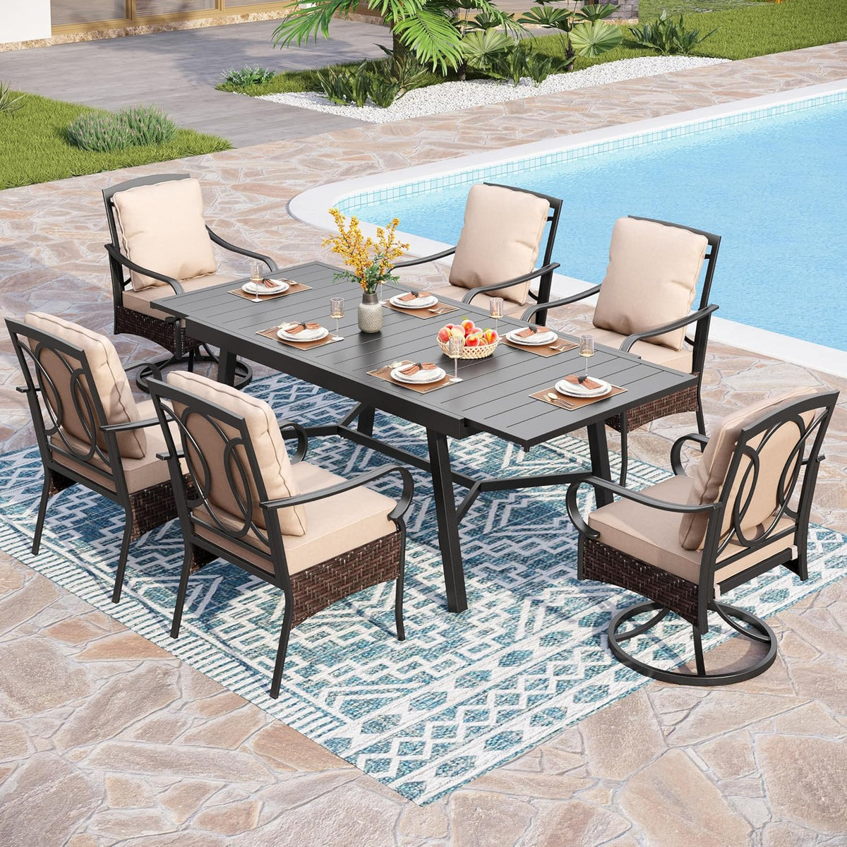 PHI VILLA 6-Piece Outdoor Dining Sets, All-Weather Patio Table and Chairs Set with Umbrella for 4, Heavy Duty Patio Round Table Set for Deck, 4 Extra Large Outdoor Swivel Chairs with Thick Cushions