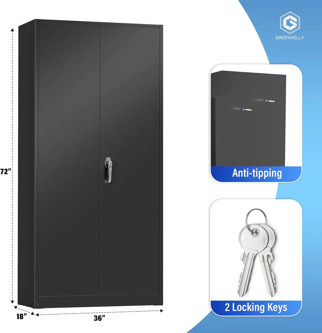 Greenvelly Metal Storage Cabinet, 72" Black Locking Metal Cabinet with 2 Doors and 4 Adjustable Shelves, Lockable Garage Storage Cabinets for Home Office, Garage, Kitchen, Living Room