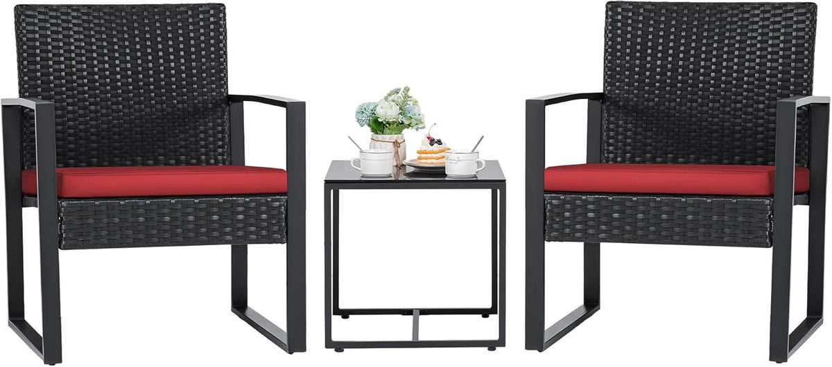 Flamaker 3 Pieces Outdoor Patio Wicker Furniture Set, Modern Rattan Chair Conversation Sets with Coffee Table for Yard and Bistro (Black)
