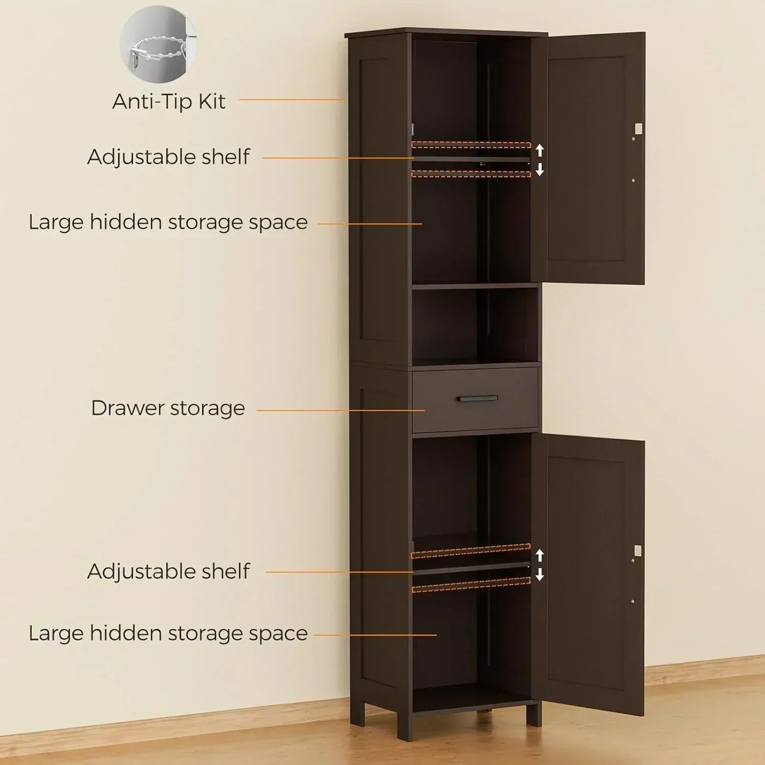 Homhedy 67" H Tall Bathroom Storage Cabinet with 2 Barn Doors and 1 Drawer Narrow Storage Unit