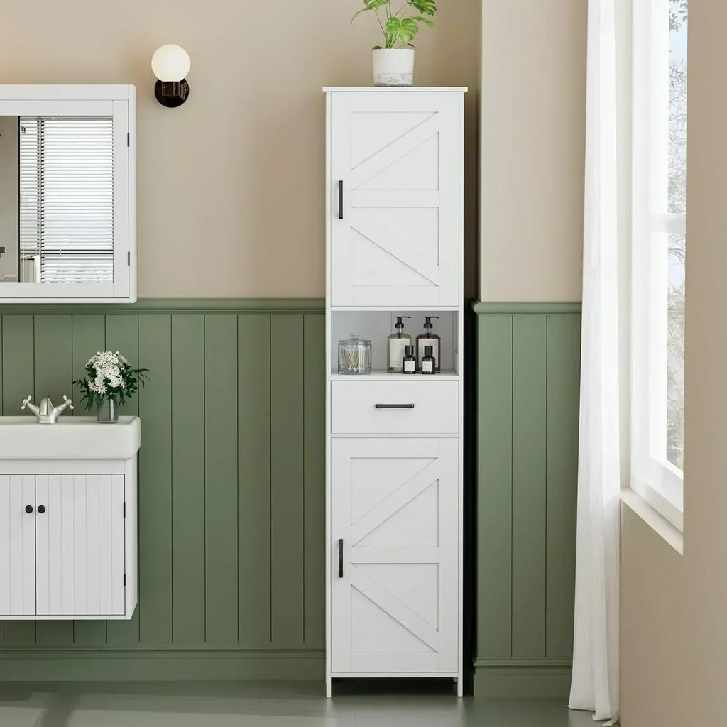 Homhedy 67" H Tall Bathroom Storage Cabinet with 2 Barn Doors and 1 Drawer Narrow Storage Unit