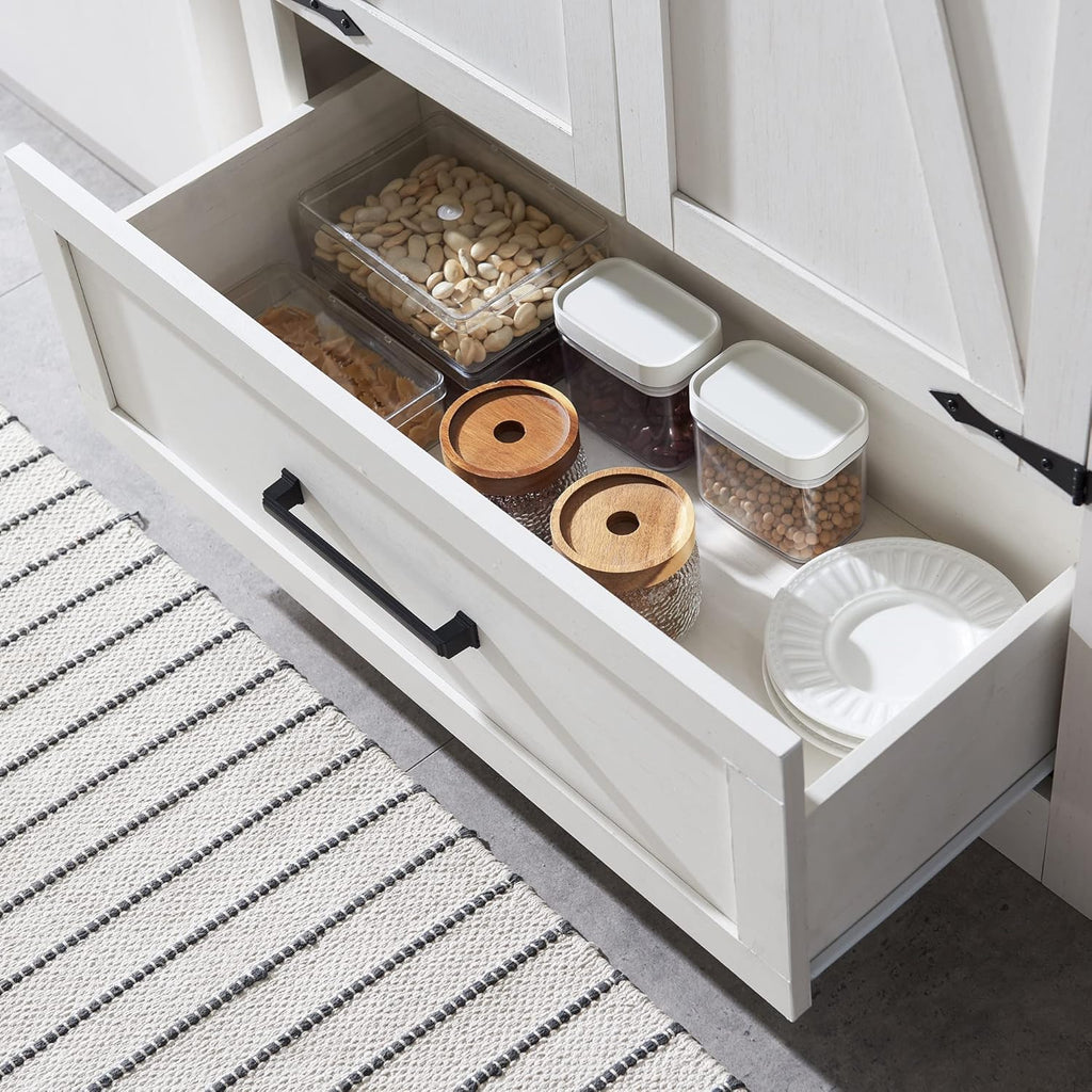 JXQTLINGMU Farmhouse Kitchen Pantry - 72" Tall Wood Kitchen Storage Cabinet with Adjustable Shelves and 2 Barn-Style Doors and Drawers