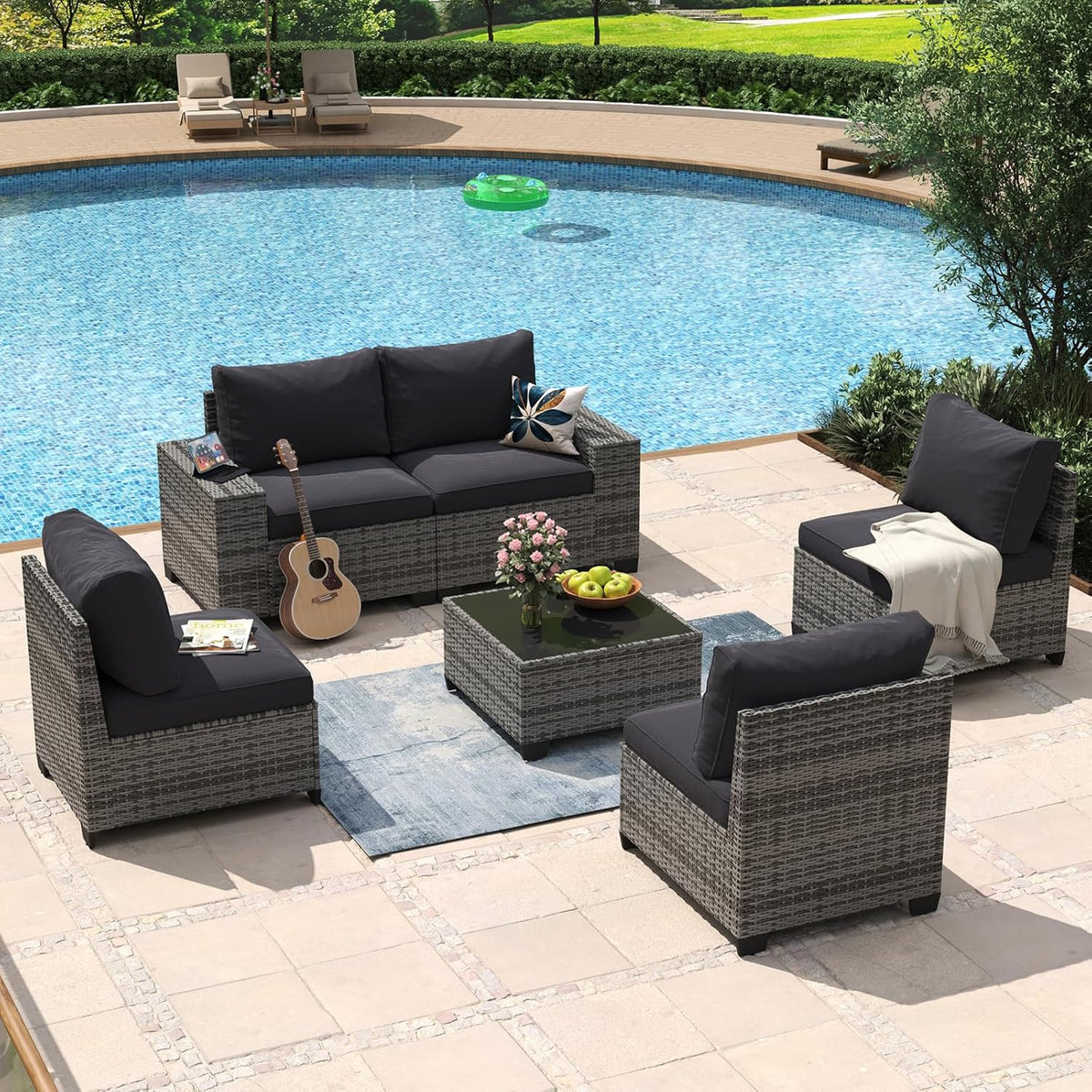 Aoxun 8 Piece Patio Furniture Set with 44?Fire Pit Table Wicker Rattan Outdoor Sectional Sofa Set with Coffee Table and Thickened Cushions, Beige (Waterproof Cover Included)
