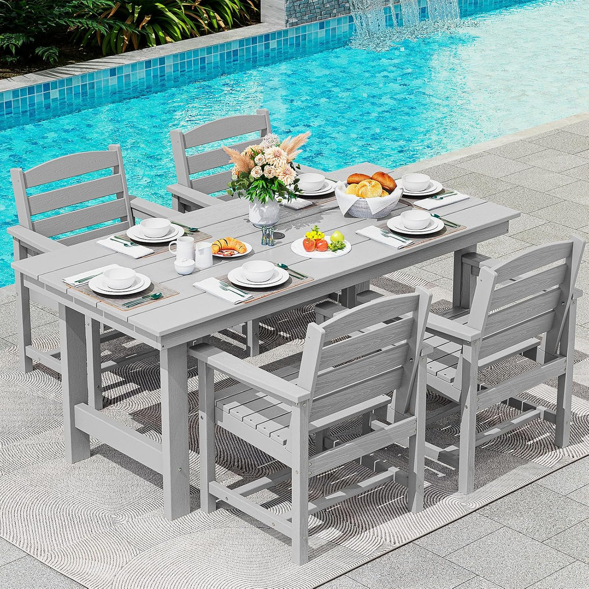 SERWALL 7-Piece Patio Dining Table Sets, Outdoor HDPE Dining Furniture Set with Umbrella Hole Cut-Out Table and 6 Chairs, Blue