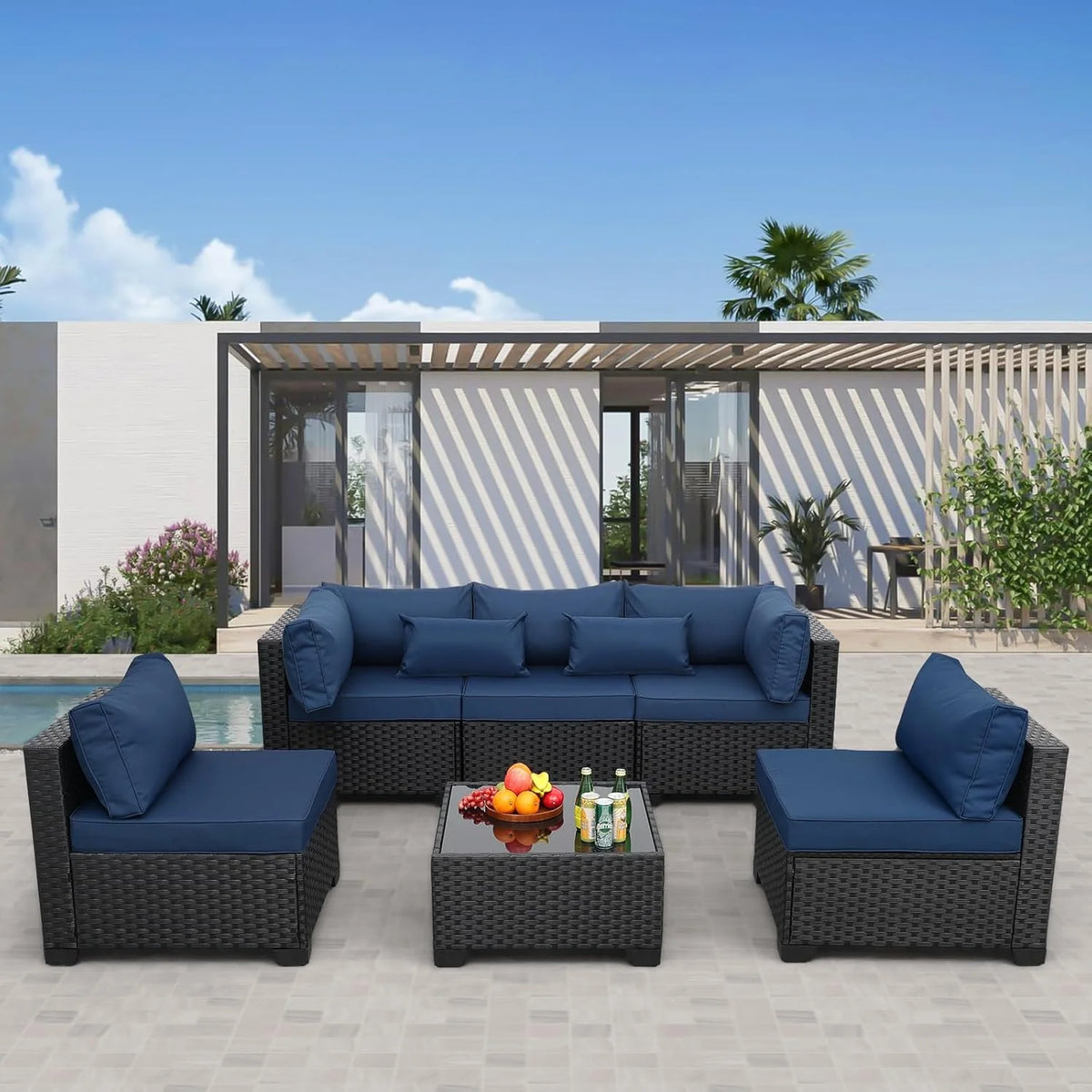 Rattaner Patio Sectional 6 Pieces All-Weather Wicker Patio Furniture Set Outdoor Sectional with Glass Table Non-Slip Cushions and Waterproof Cover, Khaki