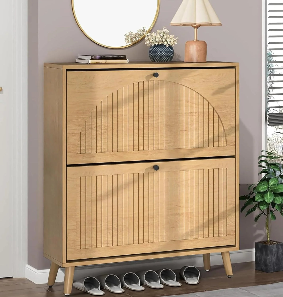 Entrance shoe cabinet with 2 flip-top drawers, narrow wooden shoe cabinet with fluted panels