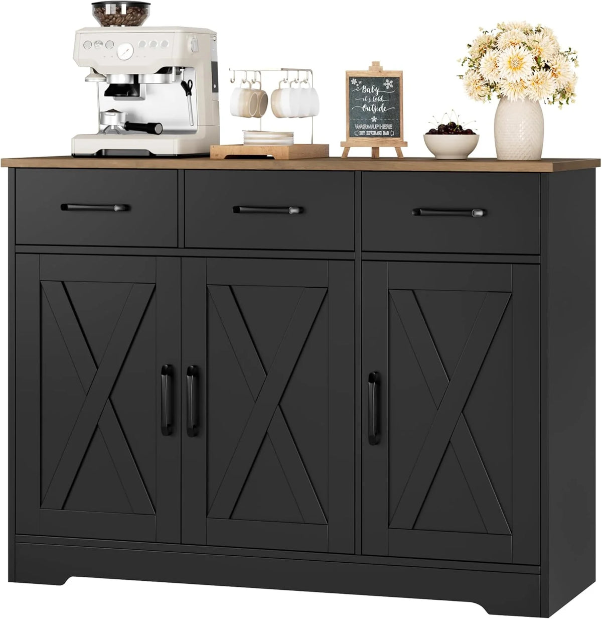 Modern farmhouse sideboard, barn door buffet storage cabinet with drawers and shelves, wooden coffee bar with storage