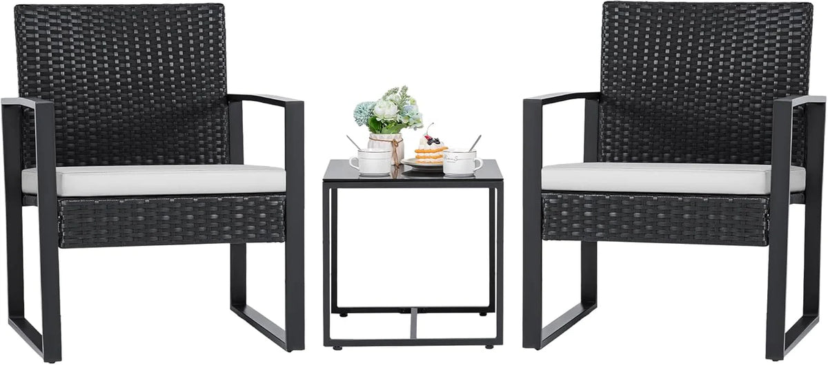 Flamaker 3 Pieces Outdoor Patio Wicker Furniture Set, Modern Rattan Chair Conversation Sets with Coffee Table for Yard and Bistro (Black)