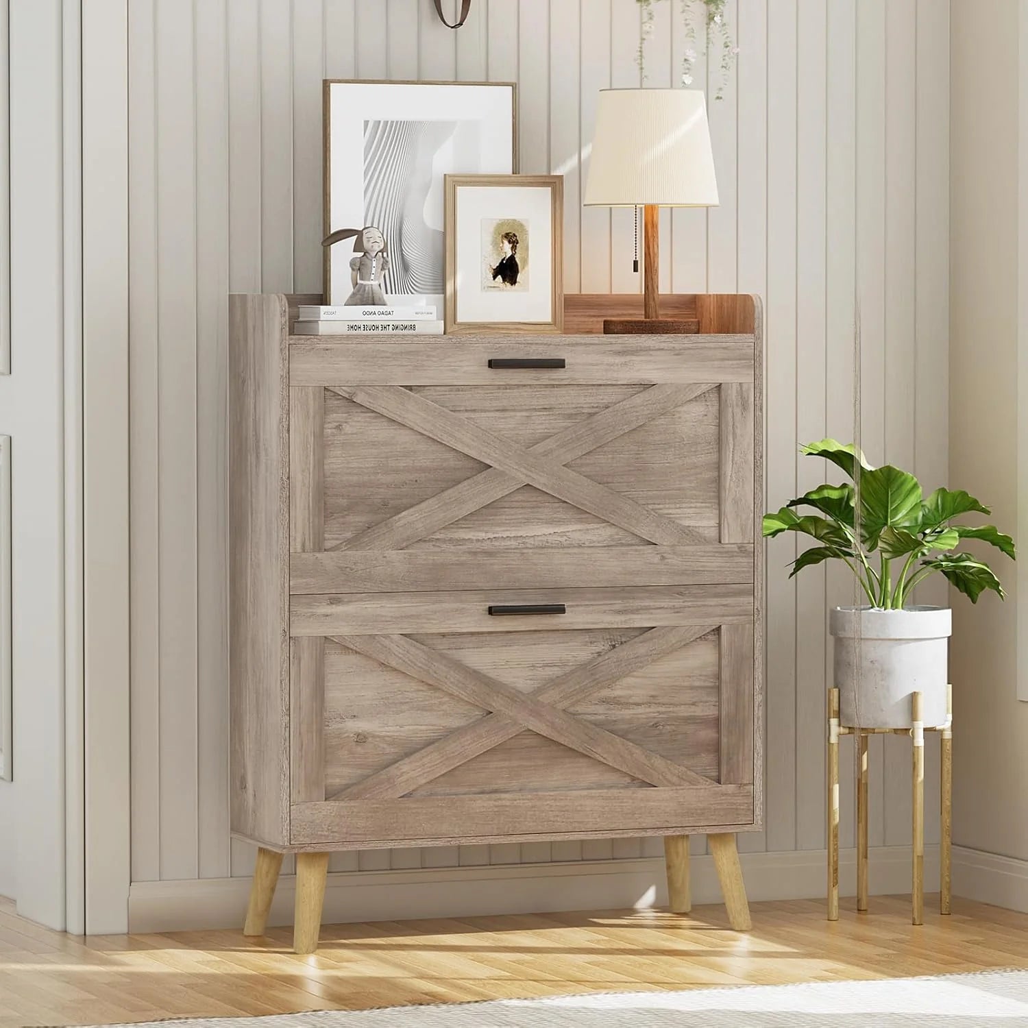 32" wide farmhouse shoe cabinet with 2 flip-top drawers and barn door design, adjustable shelves