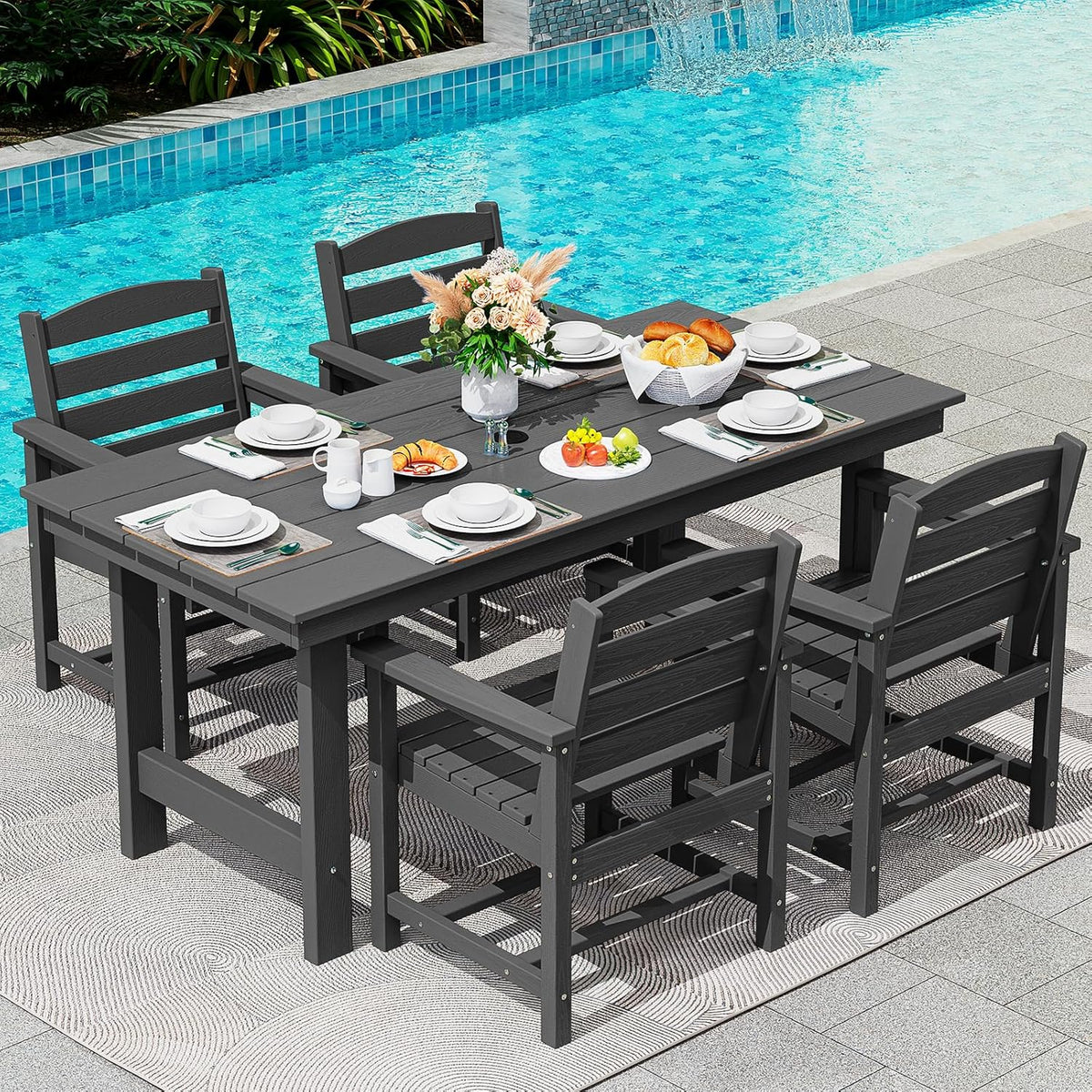 SERWALL 7-Piece Patio Dining Table Sets, Outdoor HDPE Dining Furniture Set with Umbrella Hole Cut-Out Table and 6 Chairs, Blue