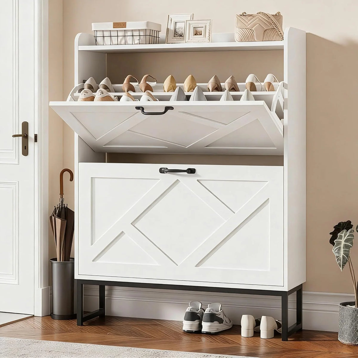 Nicetree Shoe Cabinet with 2 Flip Drawers Freestanding Shoe Storage Cabinet Narrow Shoe Cabinet