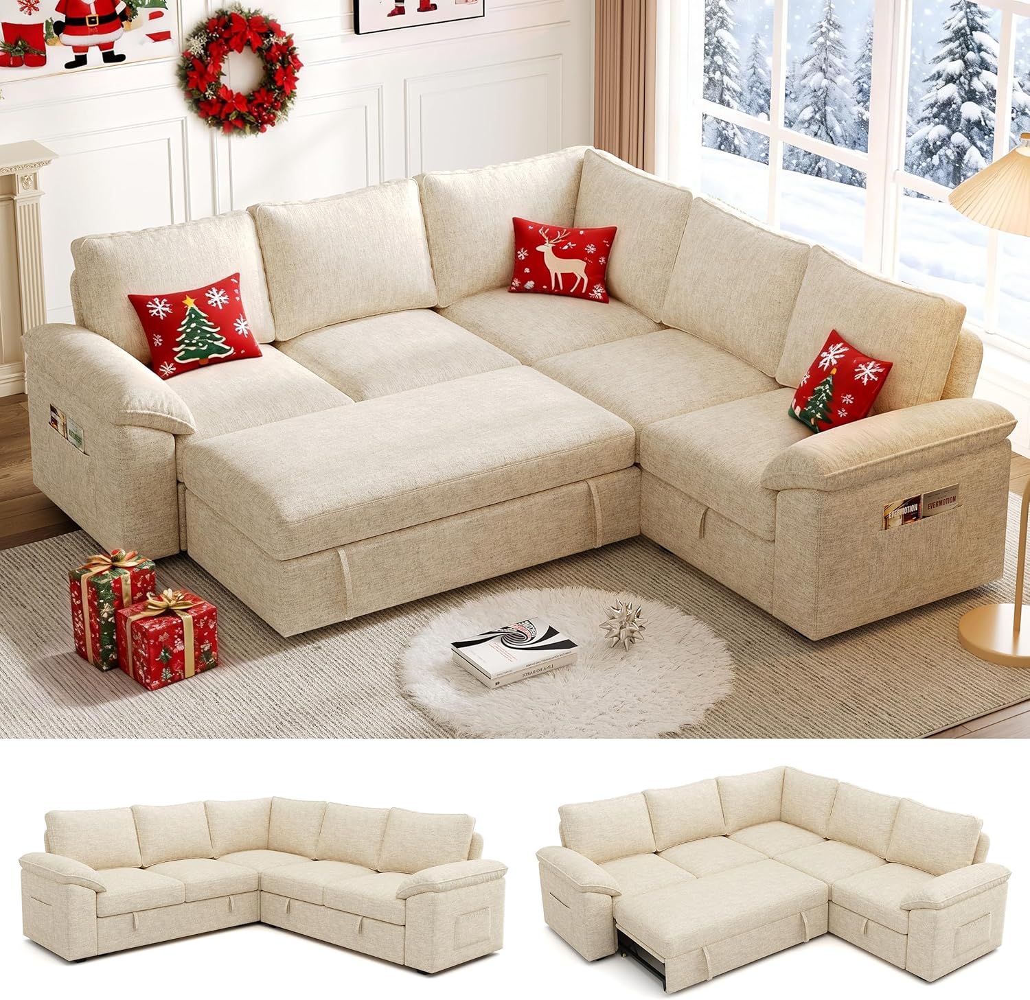 108 Inch Sectional Sleeper Sofa with Pull Out Bed, U Shaped 7 Seat Modular Sectional Sofa