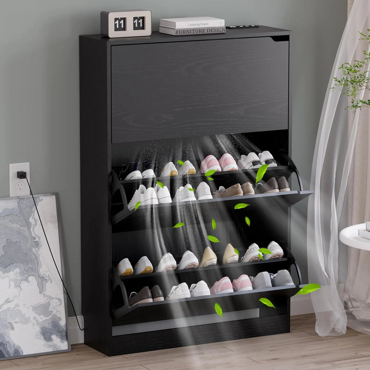Shoe Cabinet with 3 Flip Drawers Hidden Wood Shoe Cabinet Freestanding Shoe Storage Cabinet