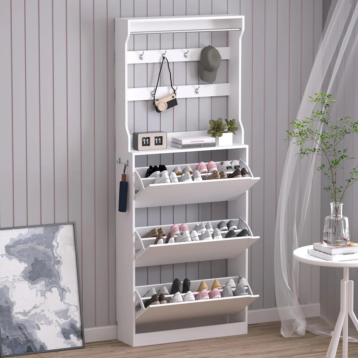 Shoe Cabinet with 3 Flip Drawers Hidden Wood Shoe Cabinet Freestanding Shoe Storage Cabinet