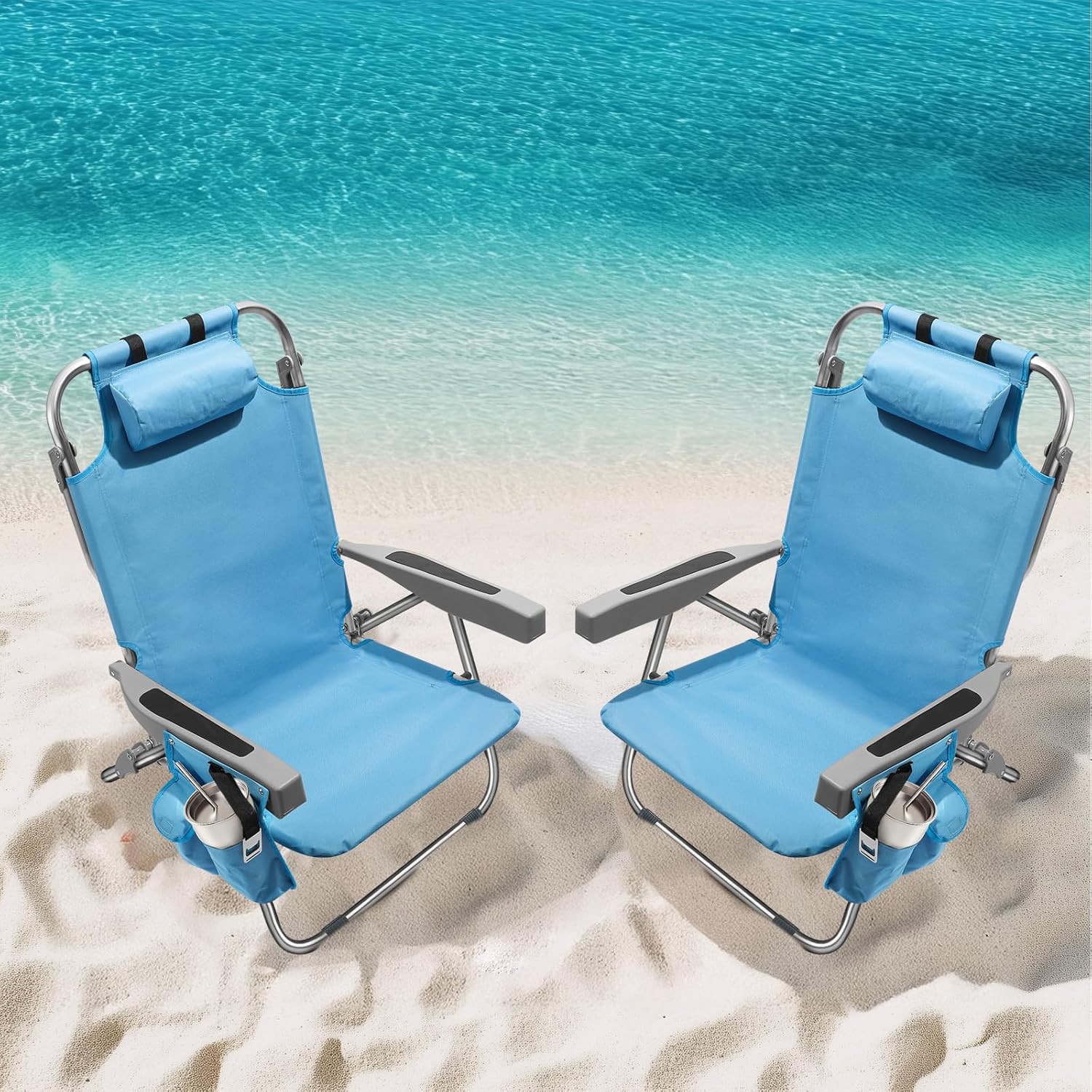 5-Position Aluminum Lay Flat Tall Backpack Beach Chairs 2 Pack Compact Portable Beach Chairs