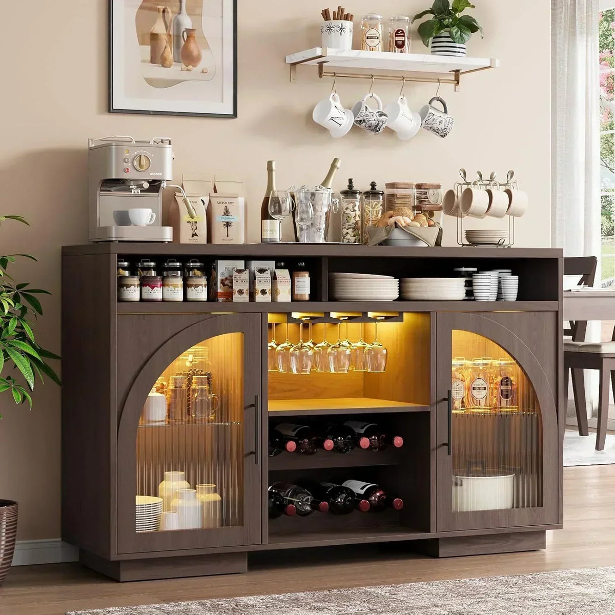 Sideboard 54-inch kitchen cabinet with LED lights and arched glass doors tall bar cabinet