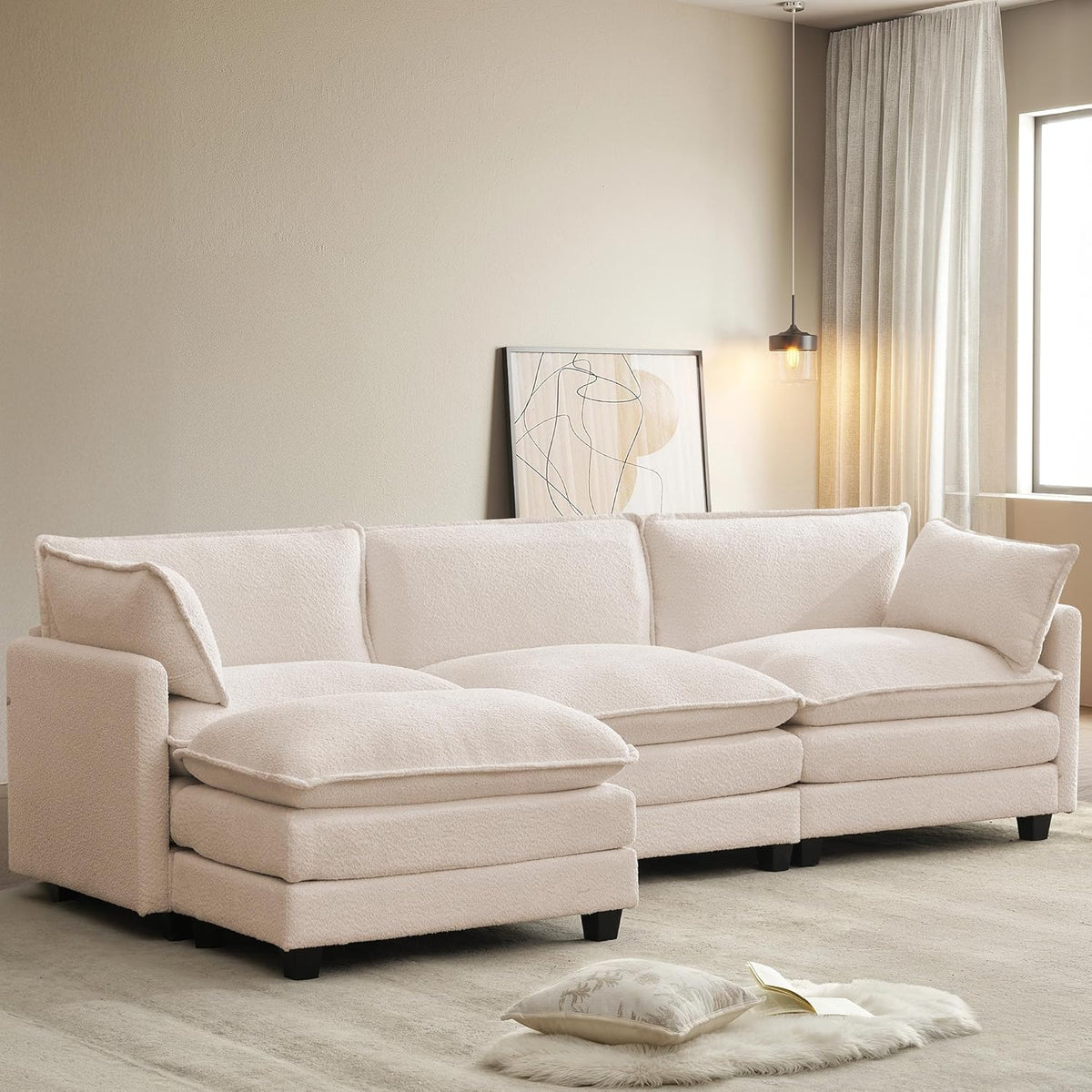 ROWHY Oversized Modular Sectional Sofa with Movable Ottoman, 112 Inch 4 Seat Modern Corduroy Sofa Set, Convertible L Shaped Couch for Living Room and Office, Beige