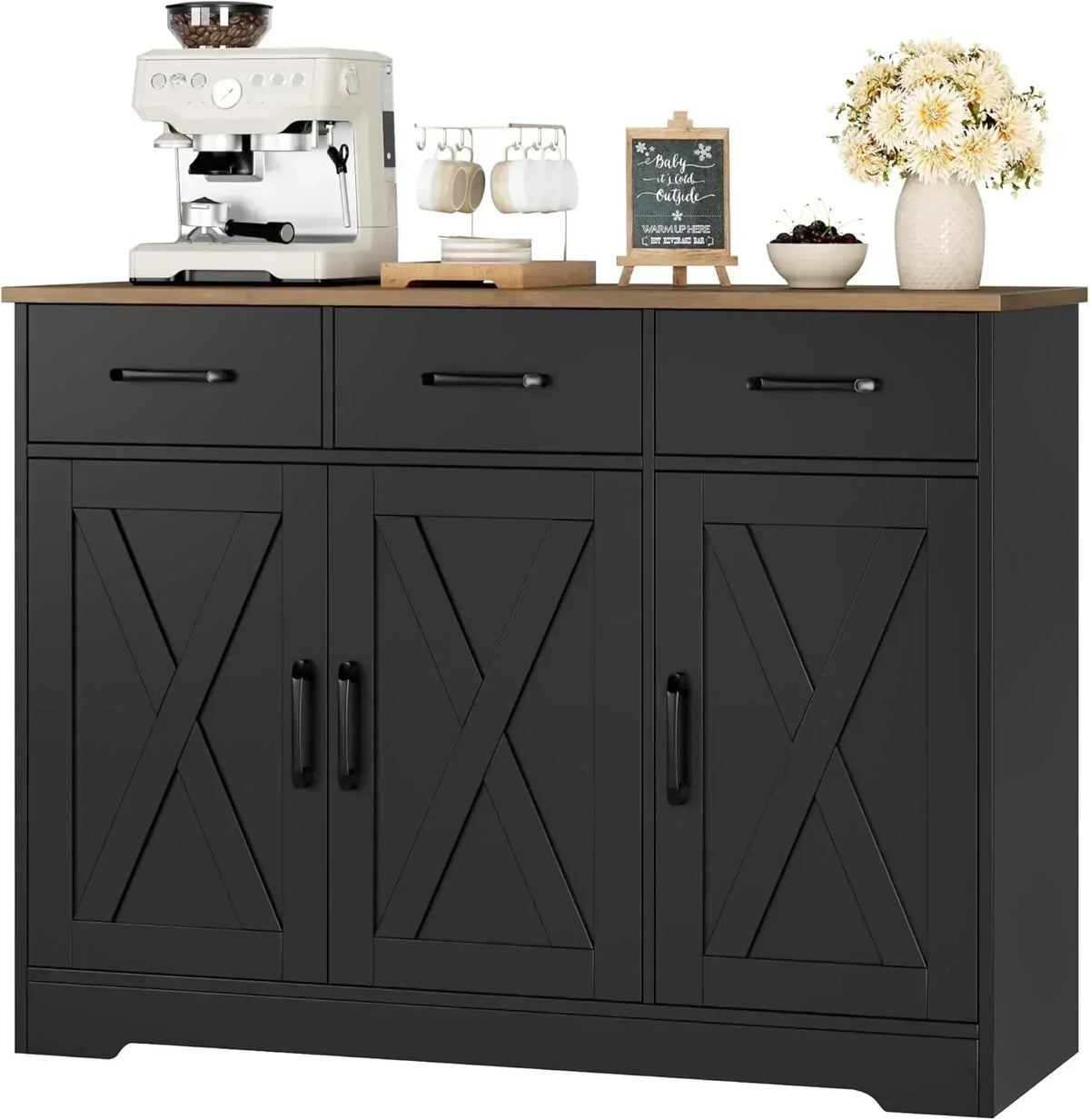 Modern farmhouse sideboard barn door buffet storage cabinet with drawers and shelves