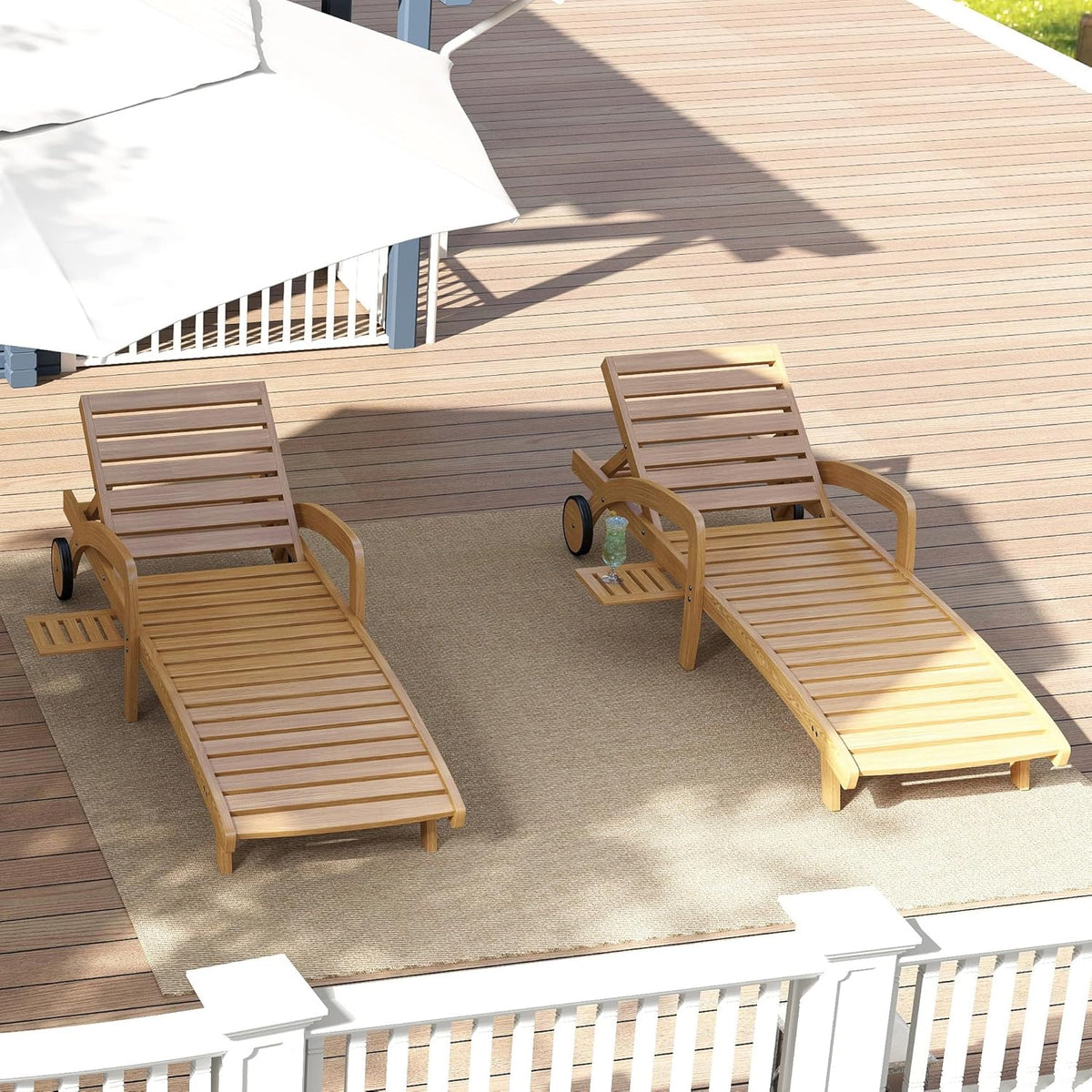 Pool Chaise Lounge Chairs Set of 4 5-Position Adjustable Outdoor Patio Lounge Chairs Wood Reclining Chaise Lounger Chair with Pullout Side Table