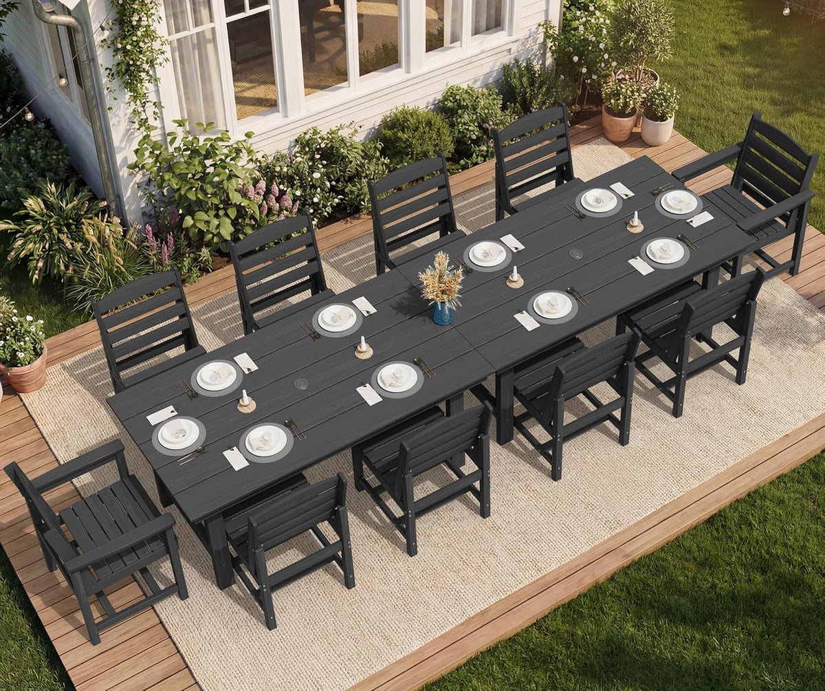 SERWALL 7-Piece Patio Dining Table Sets, Outdoor HDPE Dining Furniture Set with Umbrella Hole Cut-Out Table and 6 Chairs, Blue
