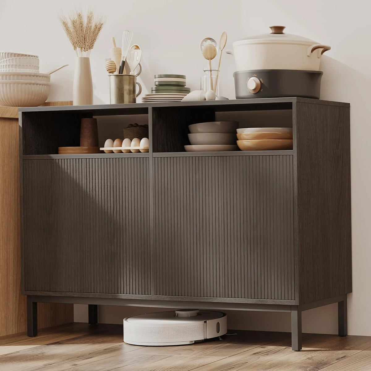 Mericonia Farmhouse Buffet Sideboard Cabinet with Storage Fluted Coffee Bar with Doors