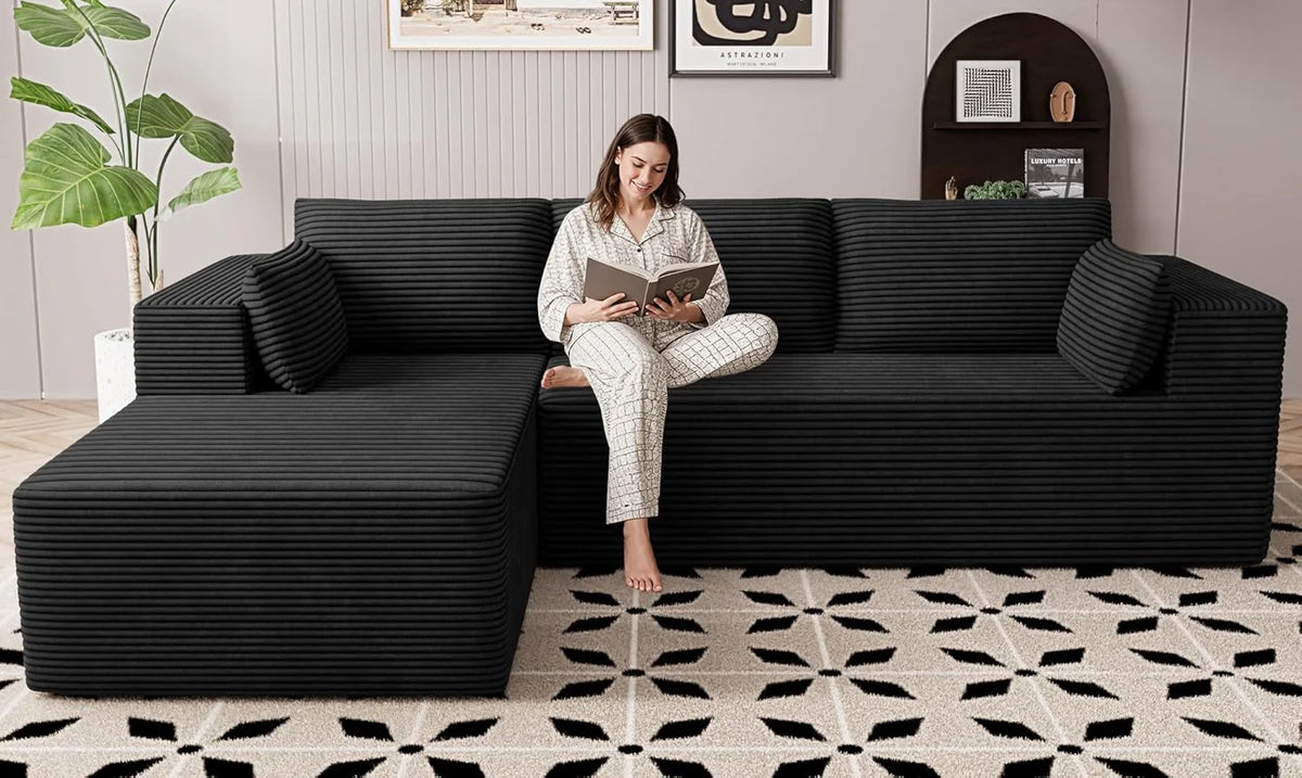 Cloud Sectional Boneless Couches for Living Room, Modular L Shaped Couch with Deep Seat Oversized Right Facing Chaise, Memory Foam Compressed Spineless 3 Seater Sofa for Apartment, Black | No Assembly Required, Deep Seat, Cat-Claw Resistant, High-Res
