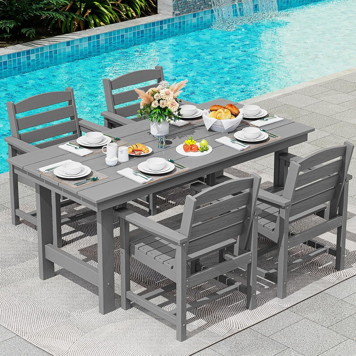 SERWALL 7-Piece Patio Dining Table Sets, Outdoor HDPE Dining Furniture Set with Umbrella Hole Cut-Out Table and 6 Chairs, Blue