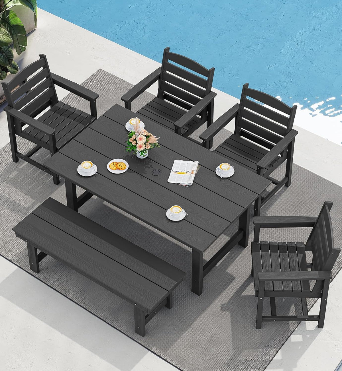 SERWALL 7-Piece Patio Dining Table Sets, Outdoor HDPE Dining Furniture Set with Umbrella Hole Cut-Out Table and 6 Chairs, Blue