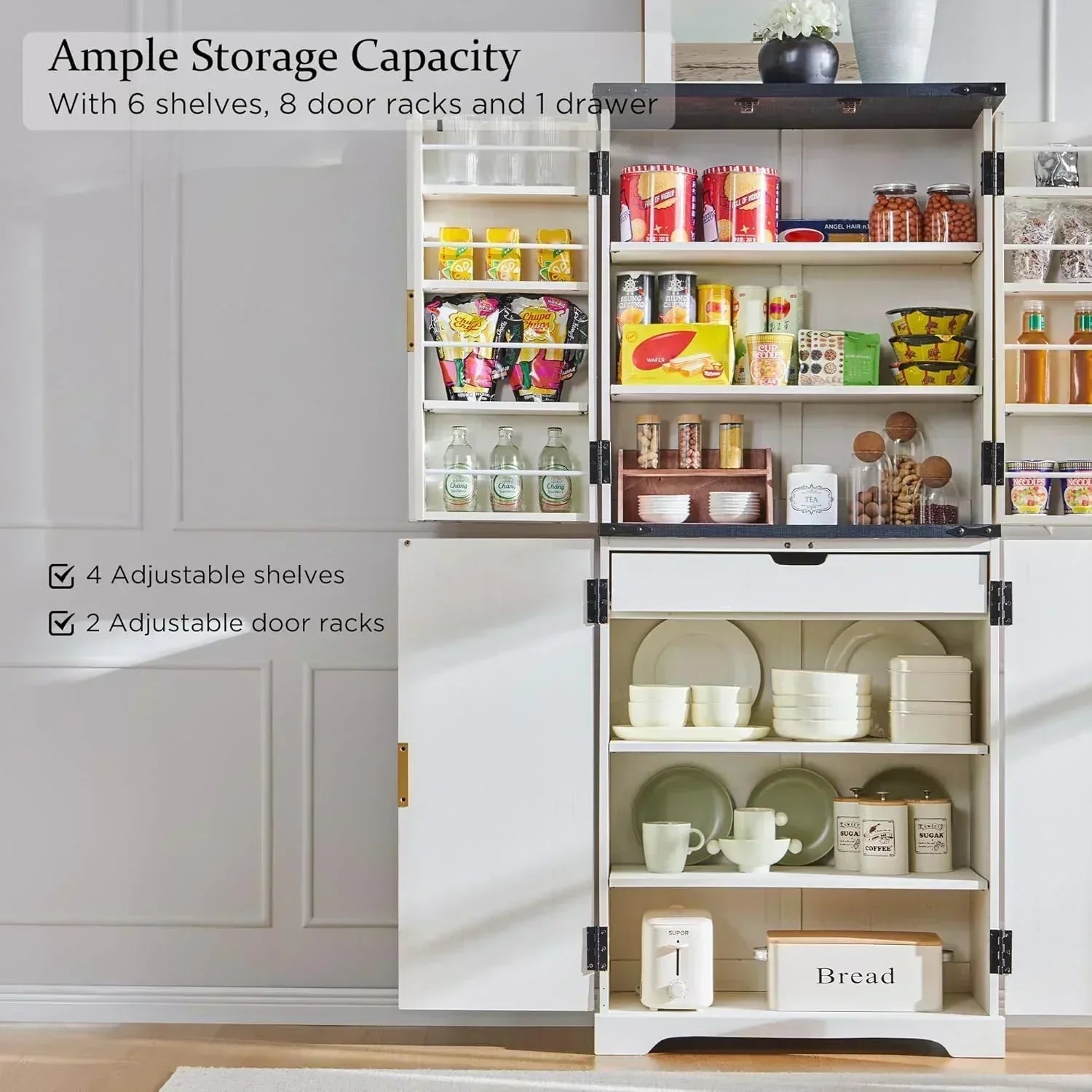 Fluted Pantry Cabinet 72" Tall Modern Storage Cabinet with 4 Doors Organizer Drawer