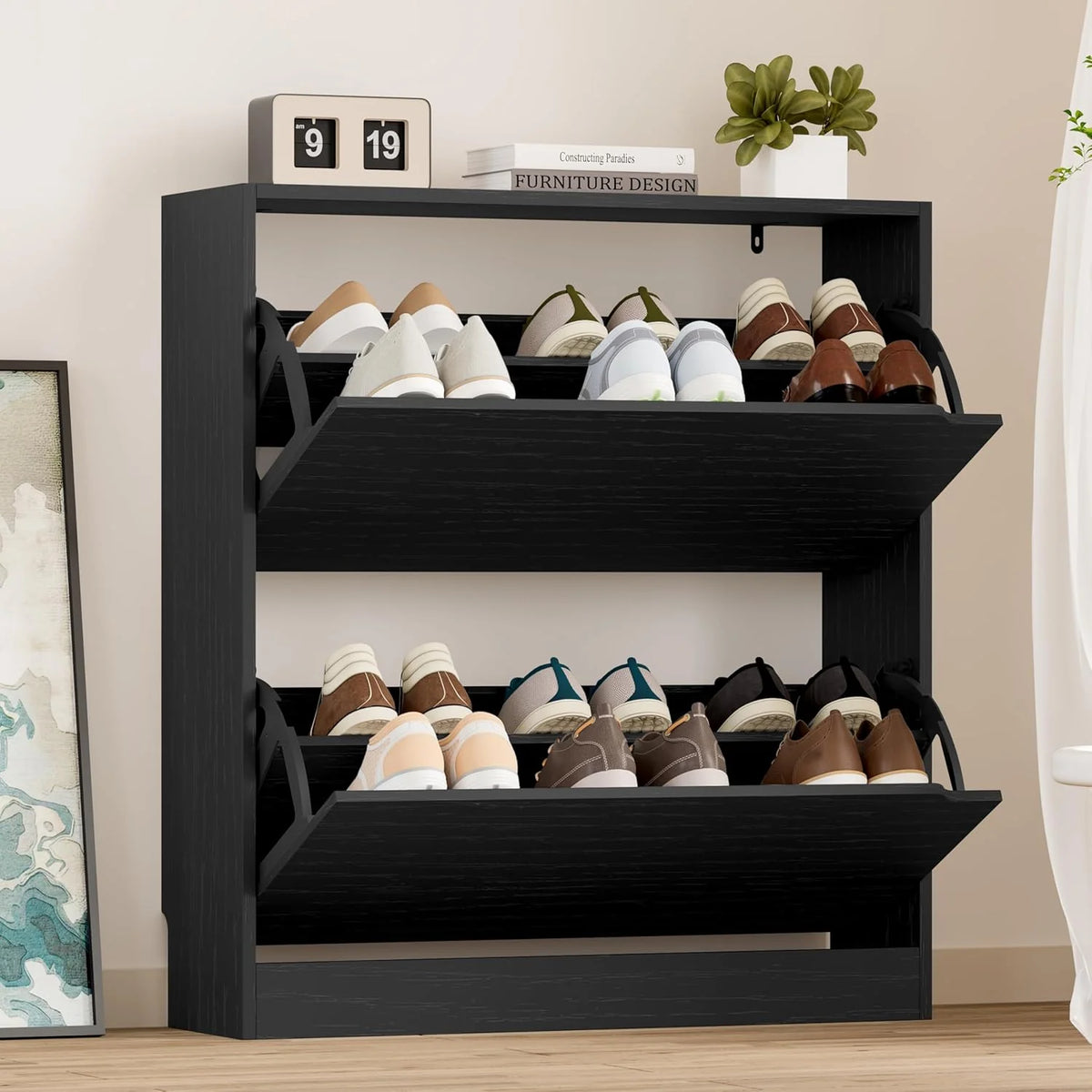 Shoe Cabinet with 3 Flip Drawers, Hidden Wood Shoe Cabinet,Freestanding Shoe Storage Cabinet