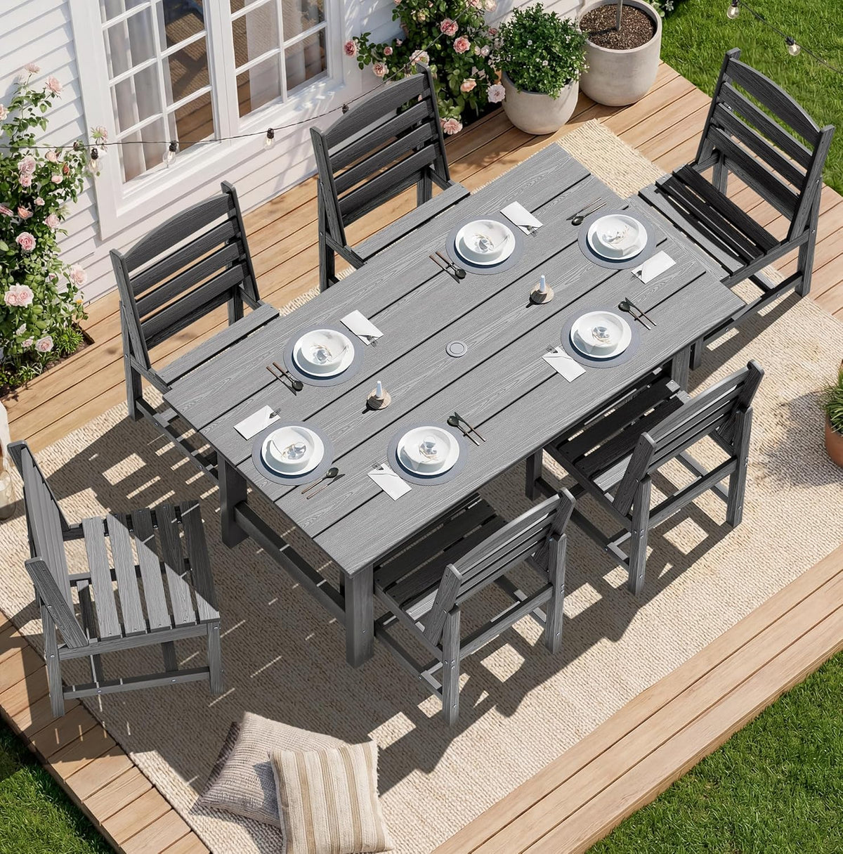 SERWALL 7-Piece Patio Dining Table Sets, Outdoor HDPE Dining Furniture Set with Umbrella Hole Cut-Out Table and 6 Chairs, Blue