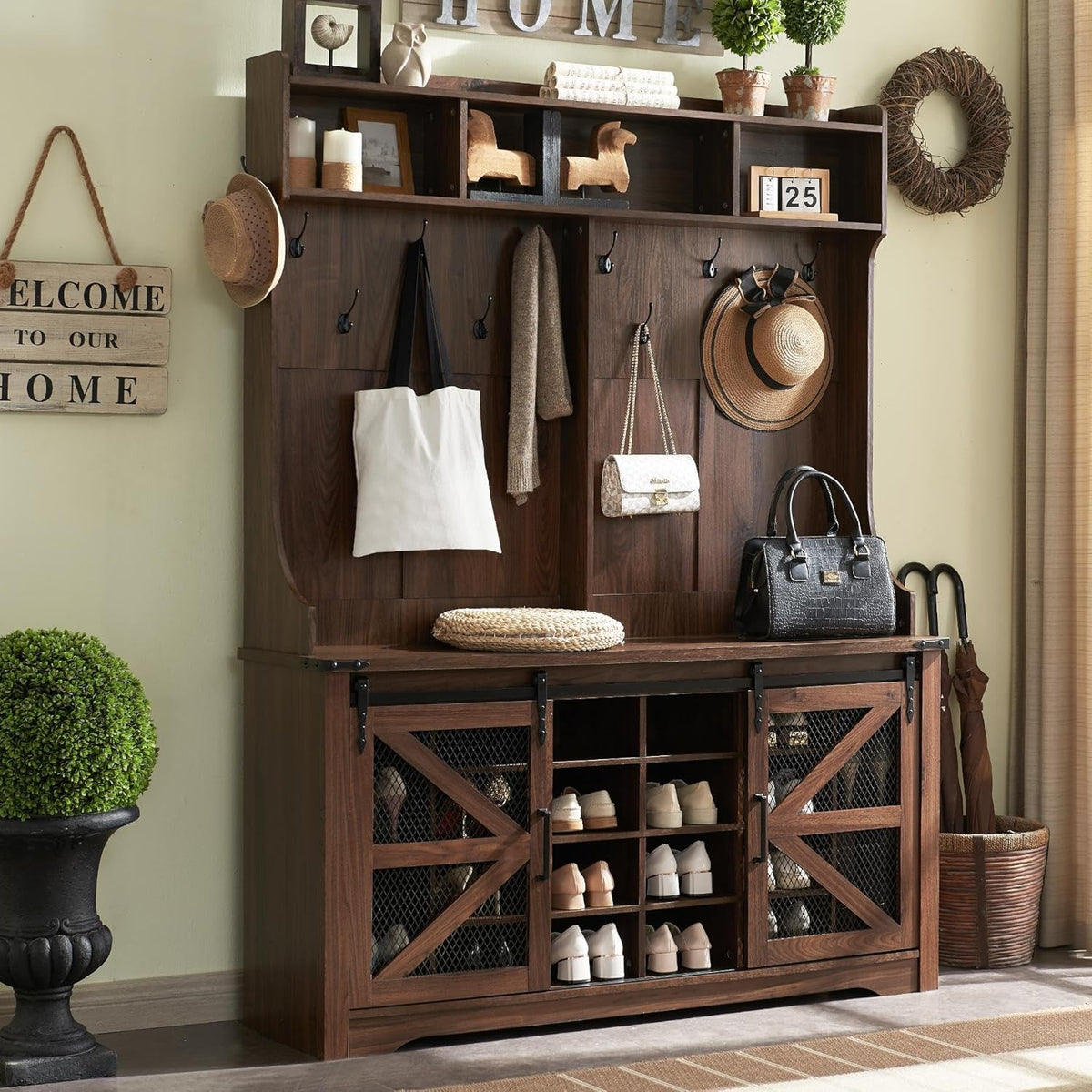 JXQTLINGMU 59-inch Farmhouse Foyer Tree Shoe Storage Entryway Bench Foyer Coat Rack Cabinet
