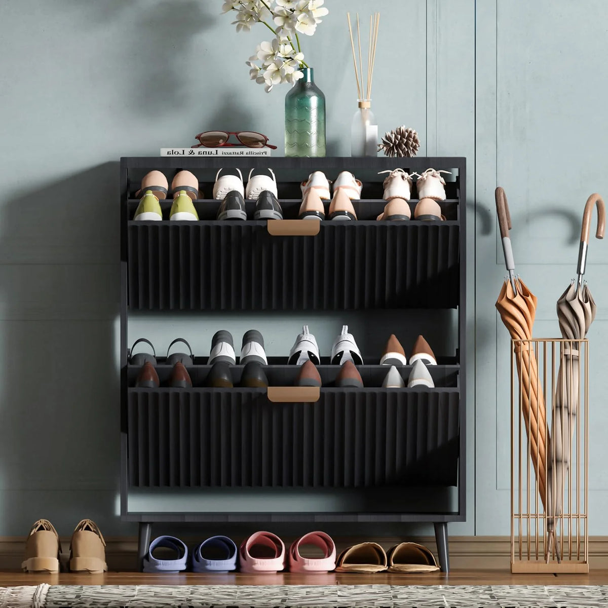 Shoe Cabinet Storage Modern Freestanding Organizer with 2 Flip Drawers Narrow Shoe Rack Cabinet