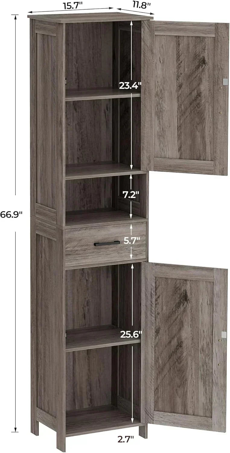 Homhedy 67" H Tall Bathroom Storage Cabinet with 2 Barn Doors and 1 Drawer Narrow Storage Unit