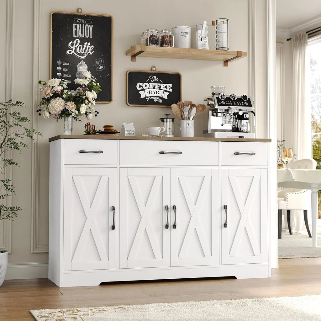 HOSTACK Buffet Cabinet with Drawers, 55" Large Sideboard Buffet Storage Cabinet with Shelves and Doors, Modern Farmhouse Coffee Bar Station Wood Kitchen Table for Kitchen, Dining Room, White/Rustic