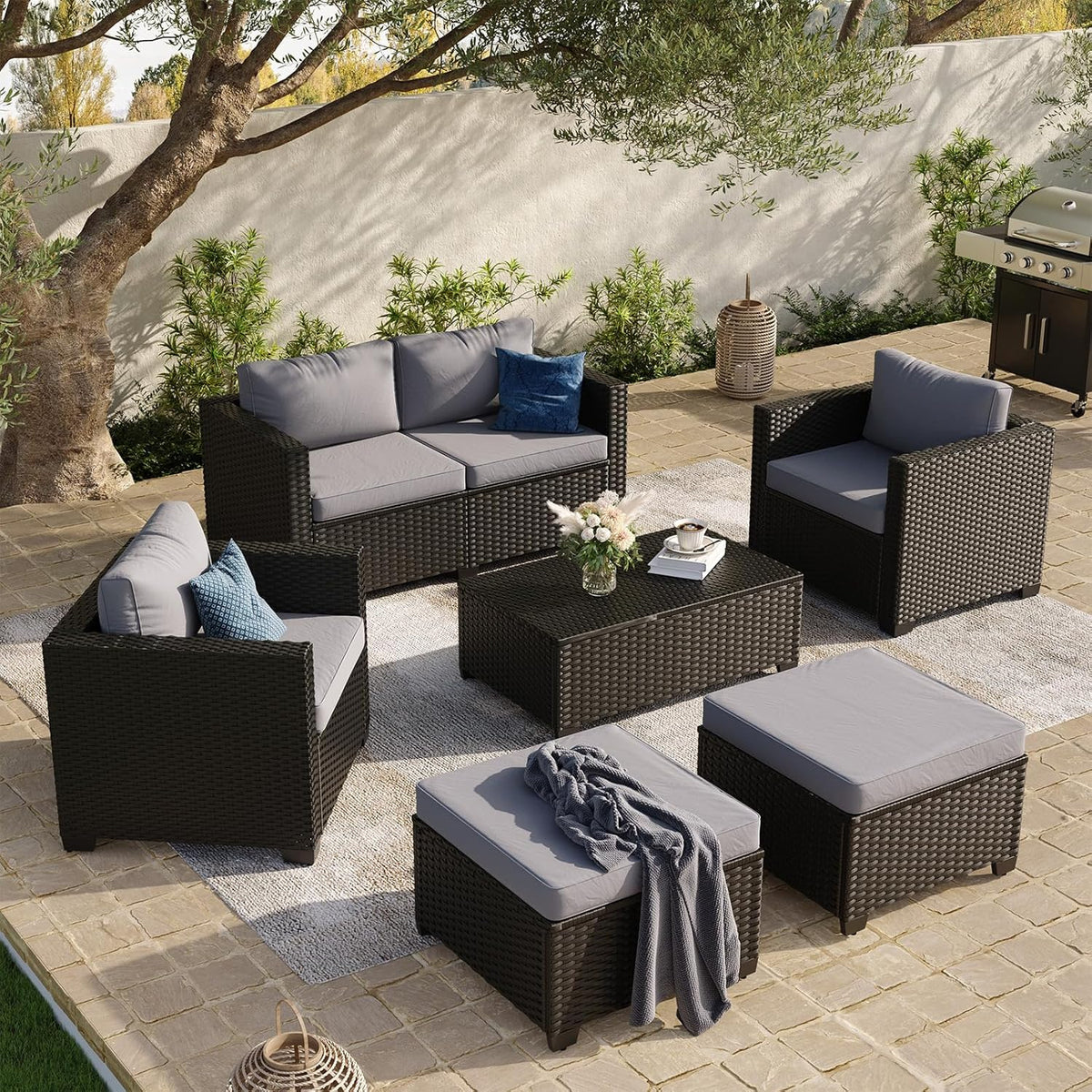 Aoxun 8 Piece Outdoor Patio Furniture Set 7 Seats, Outdoor Sectional with Thick Waterproof Cushions & Storage Coffee Table, Patio Conversation Sets for Garden,Backyard, Porch, Balcony, Deck, Beige