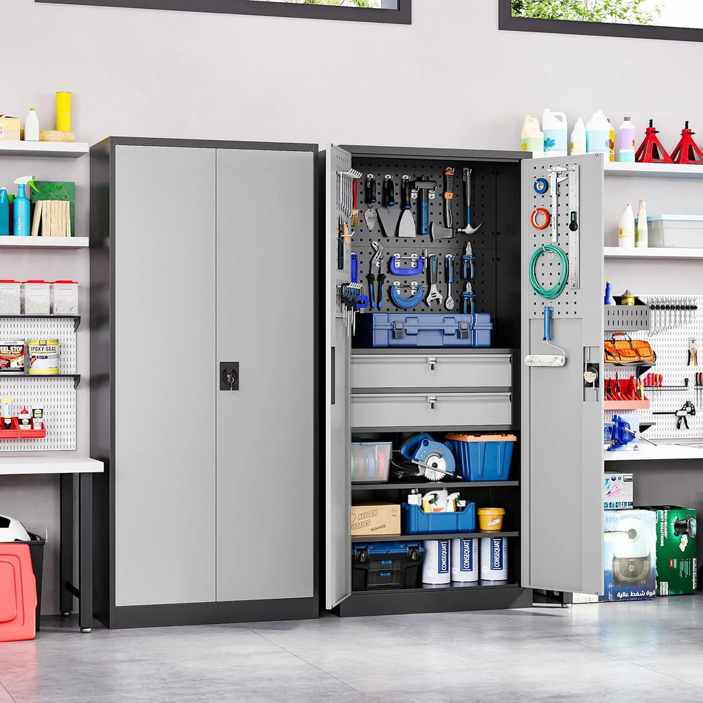 Yizosh Metal Garage Storage Cabinet with Locking Doors and 2 Drawers, Heavy Duty Steel Tool Cabinet with Pegboard, 71" - Lockable Cabinets for Garage, Warehouse, Basement (Black)